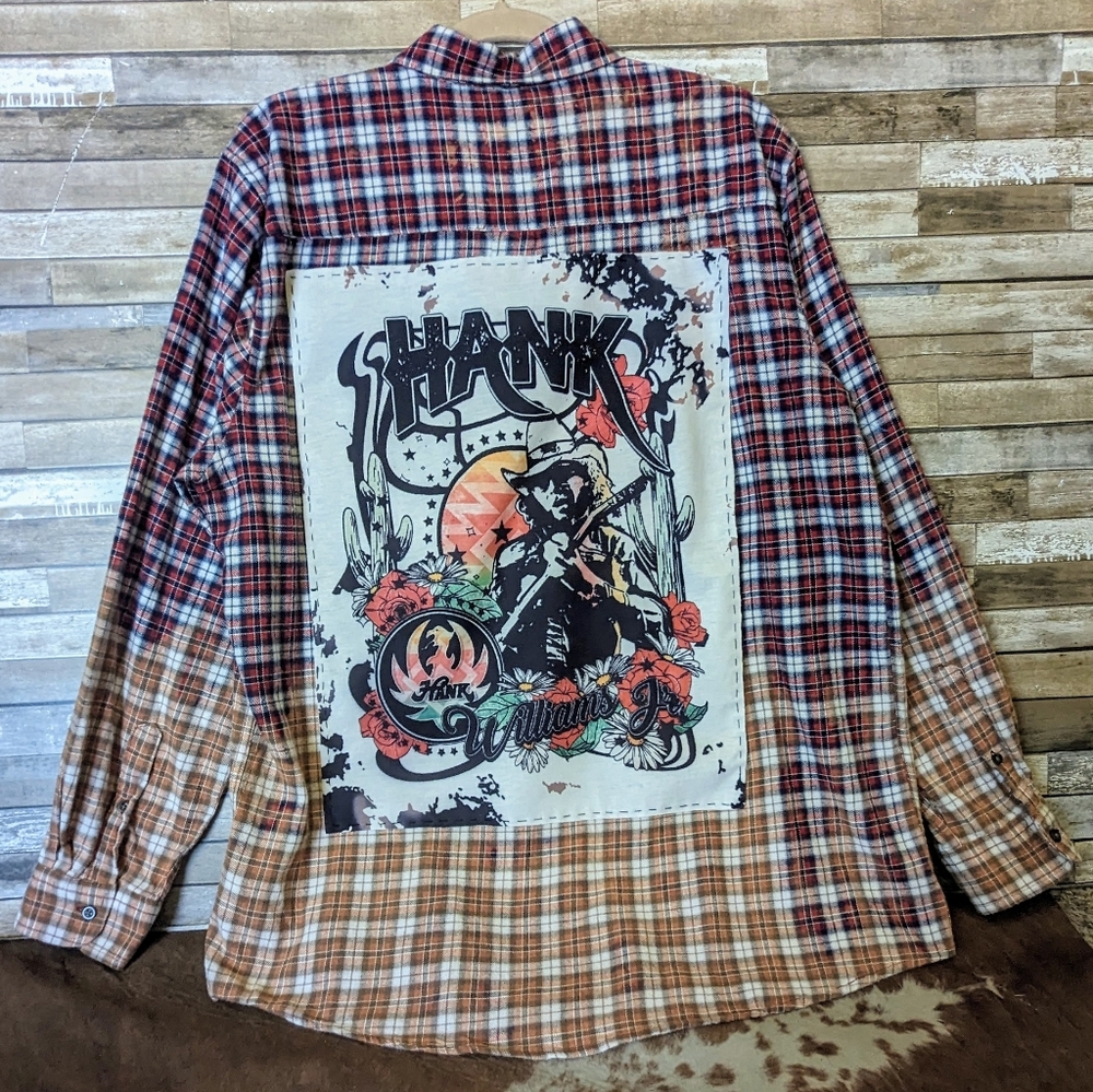 Hank Williams Jr Upcycled Handcrafted Dip Dye Bleach Flannel Shirt
